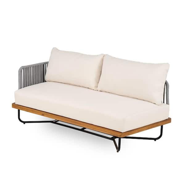 Ben Modern Solid Wood and Rope Woven Patio Outdoor Loveseat with Beige Cushions, Metal Legs, Teak Finish plus Grey