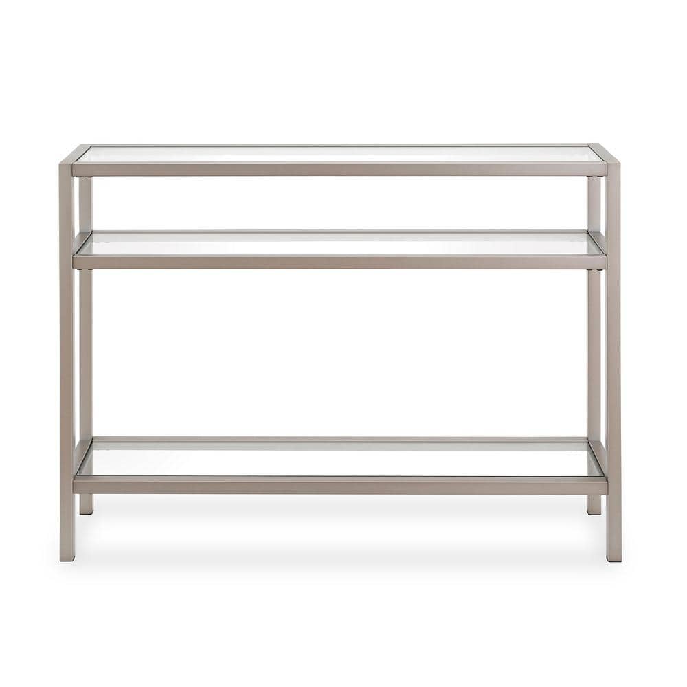 Satin Nickel Industrial Console Table with Tempered Glass Shelves