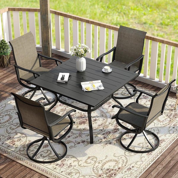 5-Piece Metal Outdoor Dining Set with 37.8 in. Black Square Table and 4 Brown Swivel Patio Dining Chairs