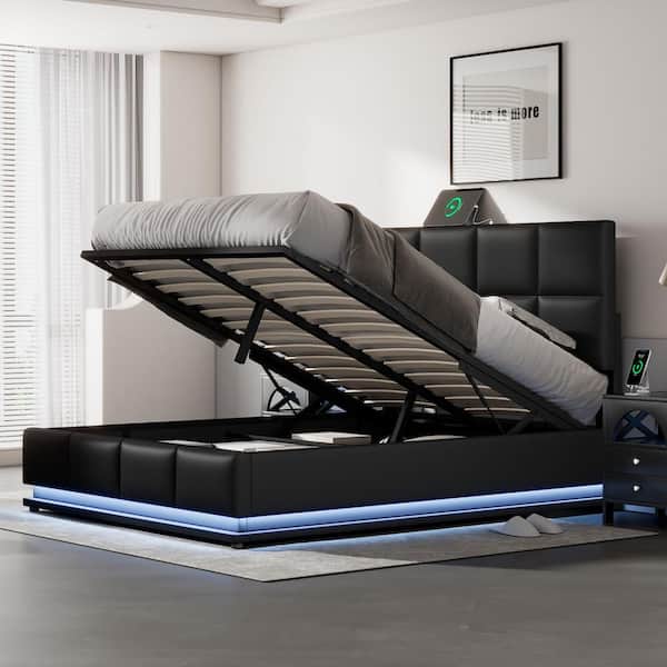 Harper & Bright Designs Black Wood Frame Full Size PU Platform Bed with Adjustable Headboard, Hydraulic Storage System, LED Lights and USB Port