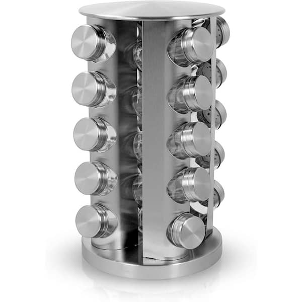 Rotating Spice Rack with 20 Jars & Labels Set - Stainless Steel
