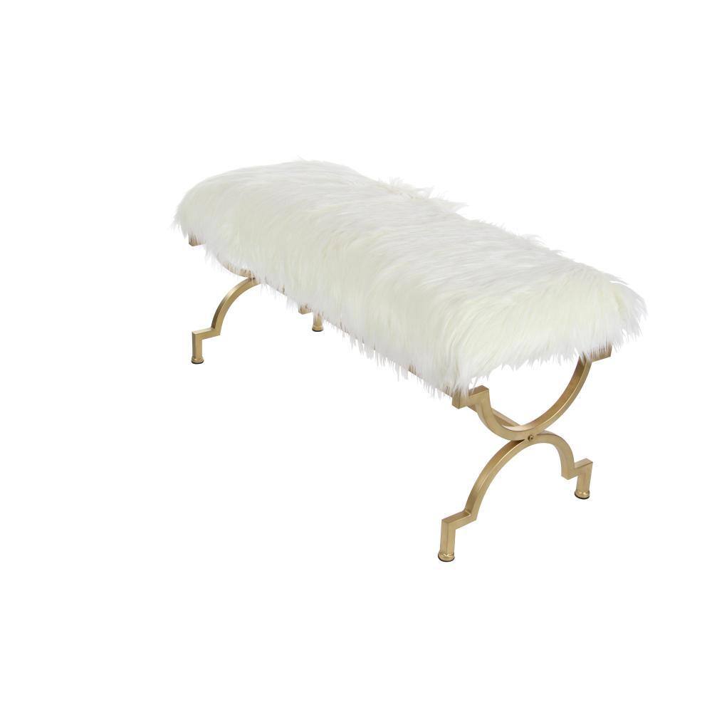Chic Gold Metal 42" Entryway Bench with White Faux Fur Cushion