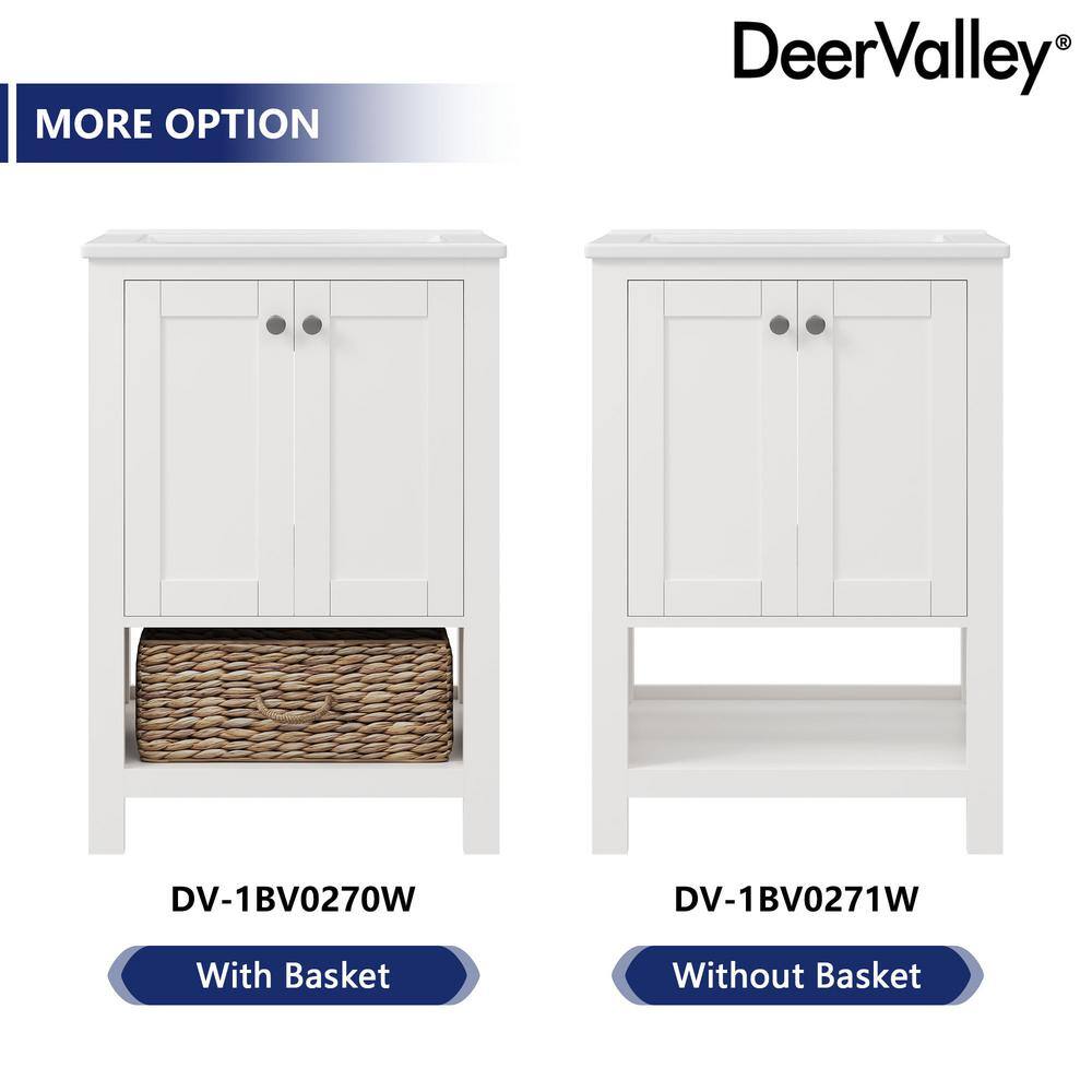 24" White Freestanding Bathroom Vanity with Ceramic Top and Woven Basket