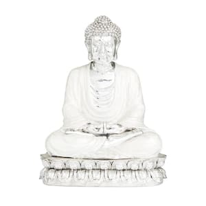 Silver Polystone Meditating Buddha Sculpture with Engraved Carvings and Relief Detailing