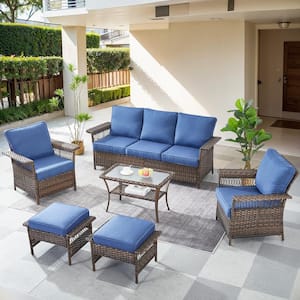 StLouis Brown 6-Piece Wicker Patio Conversation Set with Blue Cushions