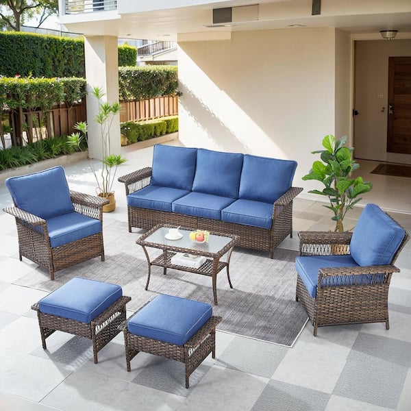 Gymojoy StLouis Brown 6-Piece Wicker Patio Conversation Set with Blue ...