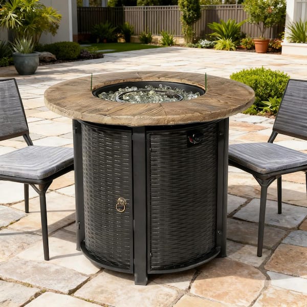 50000 BTU Propane Gas Fire Pit Table 30" Round Steel Fire Pit with Imitation Wood Grain Black Finish for Outside Patio