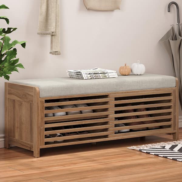 Harper & Bright Designs Whitewashed Acacia Veneer Living Room Storage Bench with Seat Cushion, 2 Shutter Doors and 3 Shelves 43.3 in.