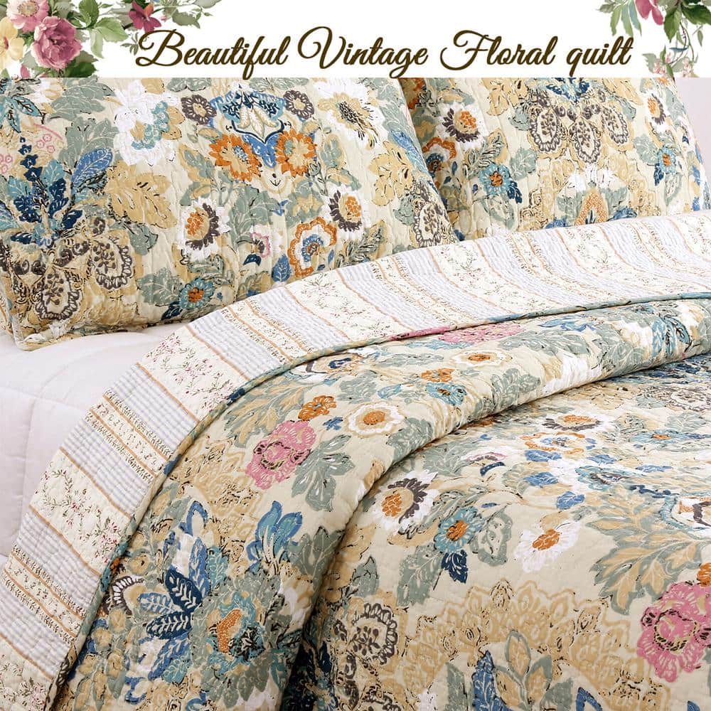 Vintage Floral Blue and Beige Cotton Reversible Queen Quilt Set