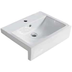 23.6 in. W Semi-Recessed White Rectangular Bathroom Vessel Sink For 1 Hole Center Drilling