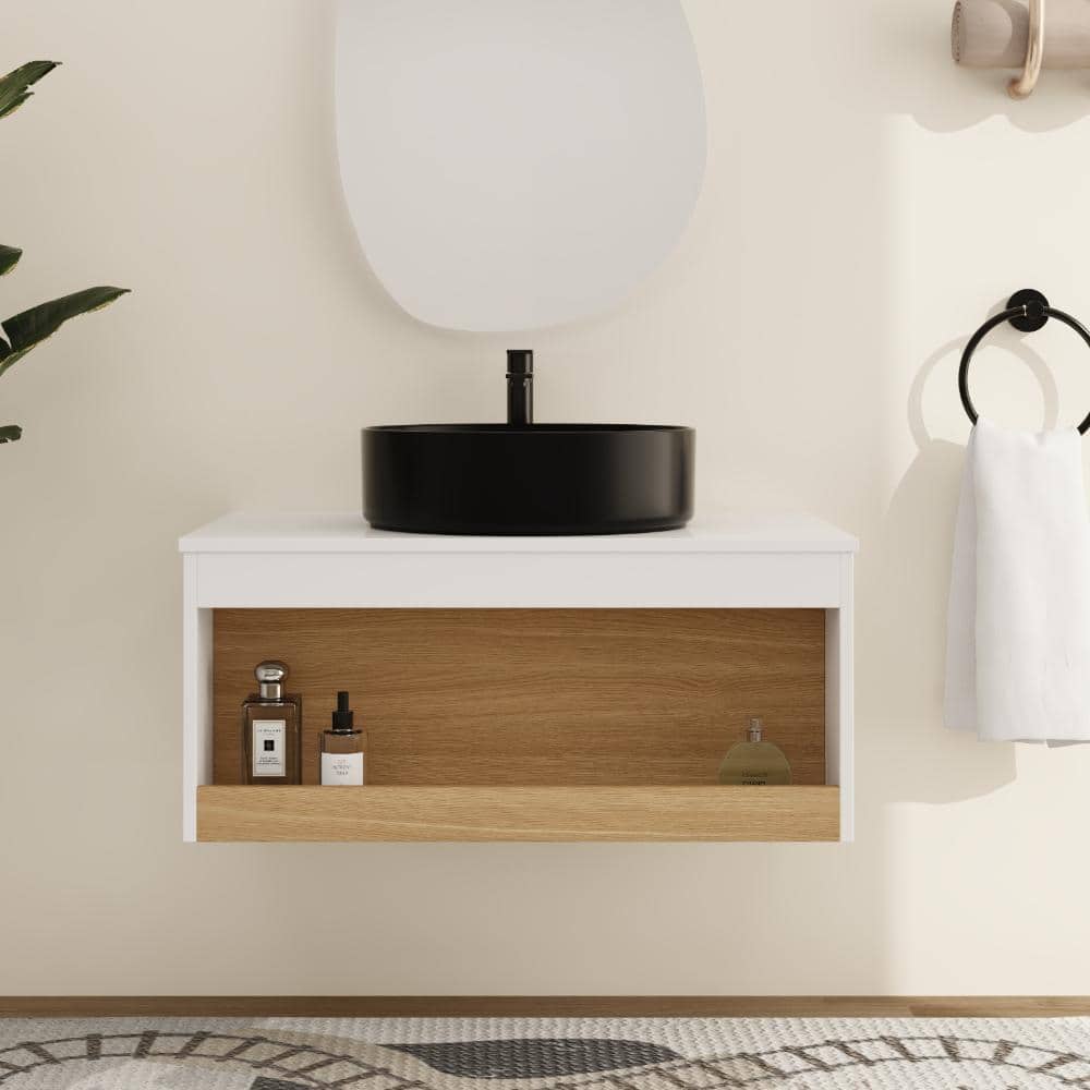 29.53 in. W x 19.69 in. D x 17.95 in. H Wall Mounted Bath Vanity in Light Oak with Black Ceramic Vanity Top price history on PriceWatchPro