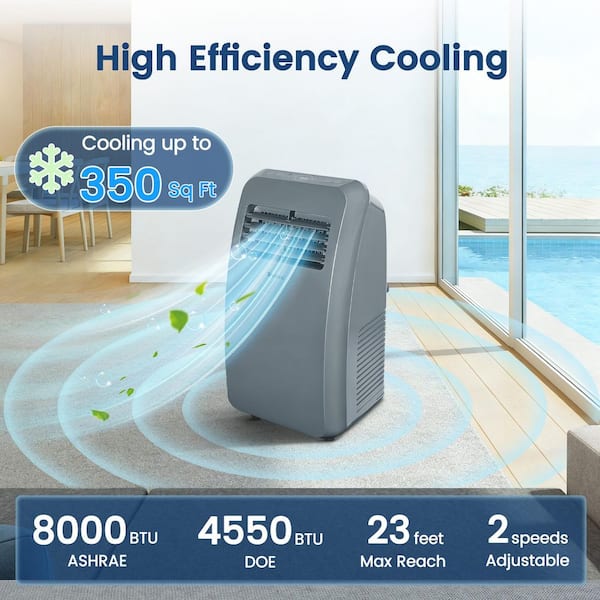 8,000 BTU (ASHRAE) Portable Air Conditioner Cools 350 sq. ft. with 40 pt. Dehumidifier & Remote, Sleep Mode