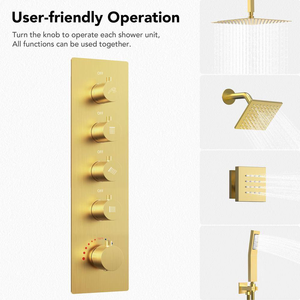 16" Brushed Gold Multi-Head Rainfall Shower System with Handheld