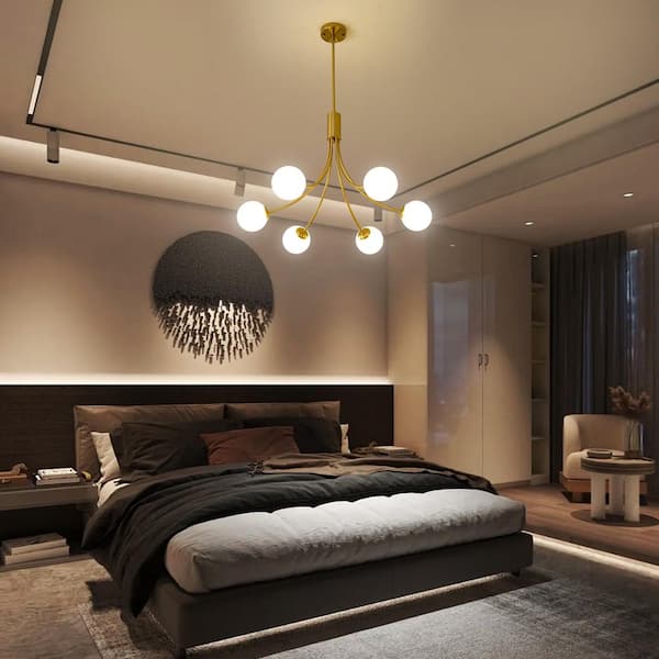 Vintage 6-Light Gold Sputnik Linear Chandelier with White Opal Glass Shades