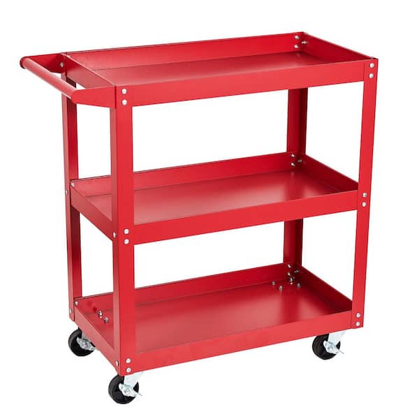 3-Tiers Steel 4-Wheeled Shelves Storage Utility Cart in Red, 450 lbs. Capacity