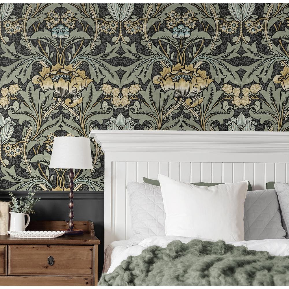 Charcoal and Goldenrod Acanthus Floral Peel and Stick Wallpaper