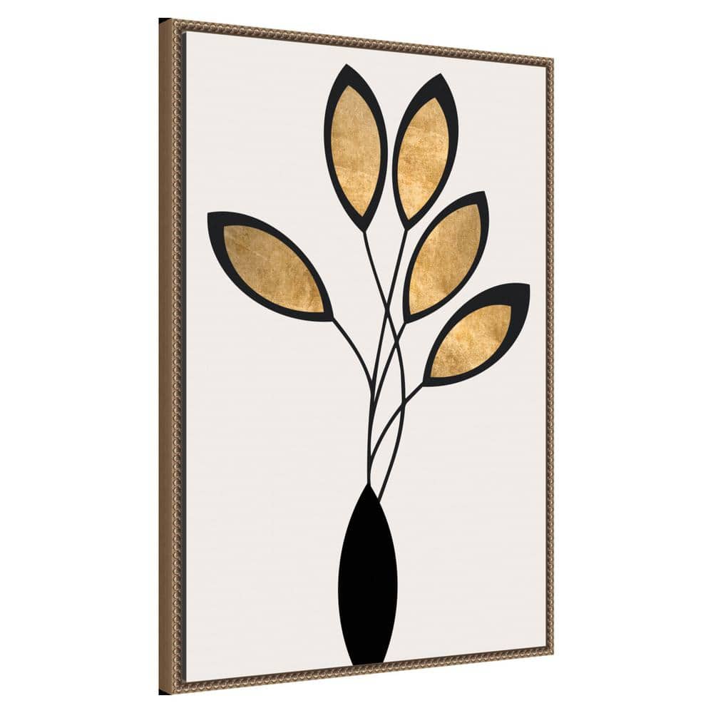 23"x33" Black and Gold Abstract Floral Canvas with Bronze Frame