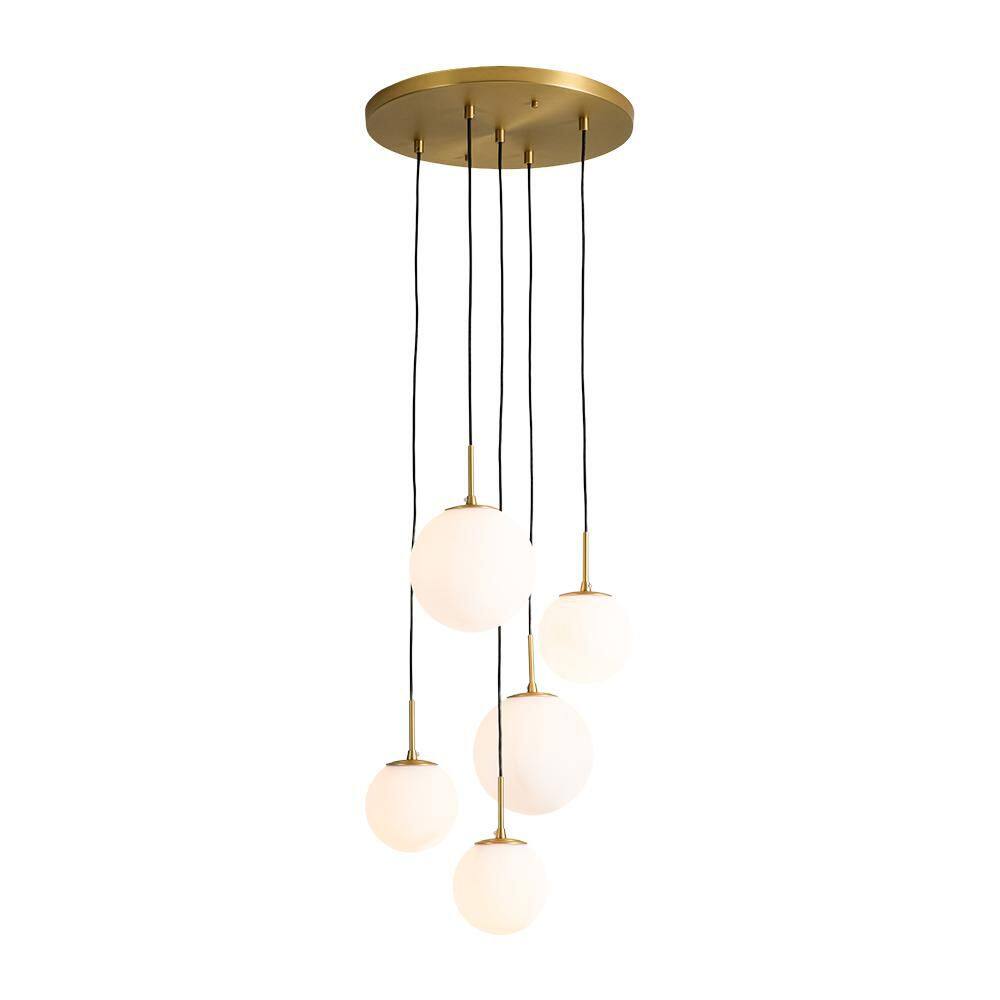 Orbit 17.7 in. 5-Light Matte Brass Globe Cluster Pendant Light or Semi-Flush Mount with Frosted Milk Glass Shades price history on PriceWatchPro