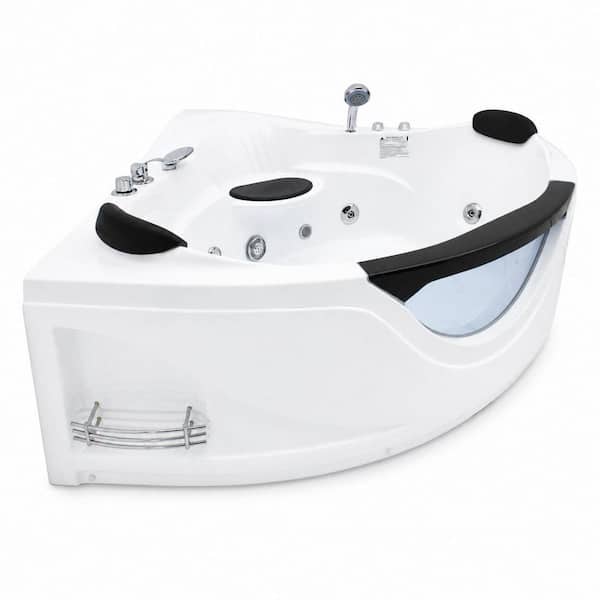 59 in. x 59 in. 2-Person Corner Acrylic Flatbottom Freestanding Whirlpool Bathtub in White with Faucets