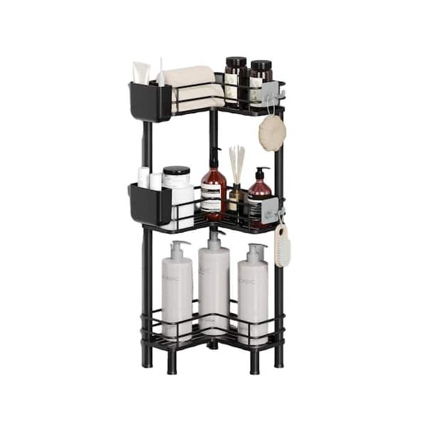 3 Tier Sturdy Adjustable Legs Shower Caddy with Large Spacing, Toothbrush Holder, Hooks, Drainage and Rustproof in Black