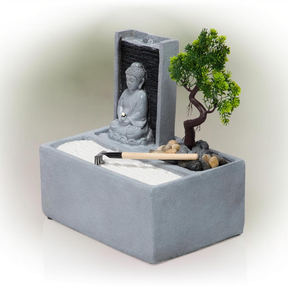 Gray Cement Buddha Bonsai Garden Tabletop Fountain with LED Light
