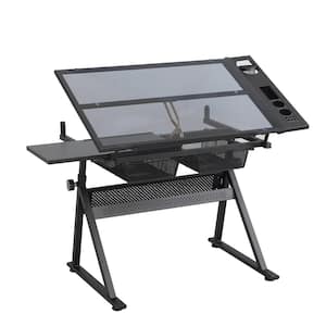 40.2 in. Rectangular Black Steel Drafting Writing Desk and Chair with adjustable tempered glass