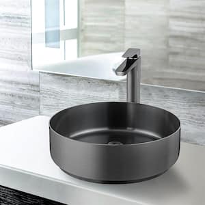 Brushed Graphite Black Stainless Steel Round Bathroom Vessel Sink with High Arc Faucet