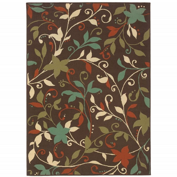 Brown 2 ft. x 4 ft. Loomed Floral Polypropylene Rectangle Indoor/Outdoor Area Rug