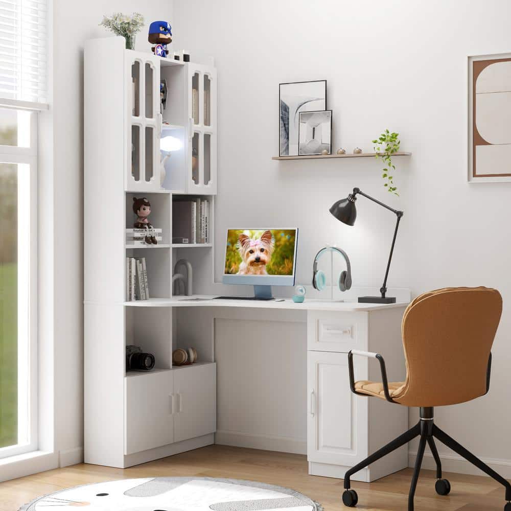 55 in. 2-in-1 L-Shaped White Corner Computer Desk with Drawers