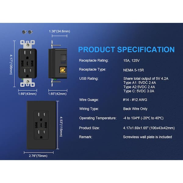 ELEGRP 21W USB Wall Outlet with Dual Type A and Type C USB Ports