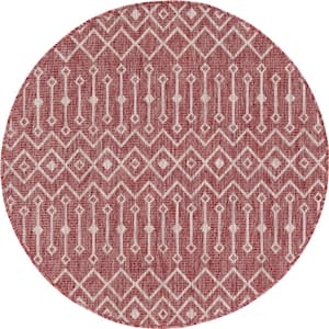 Rust Red/Gray Tribal Trellis Outdoor 4 ft. Round Area Rug