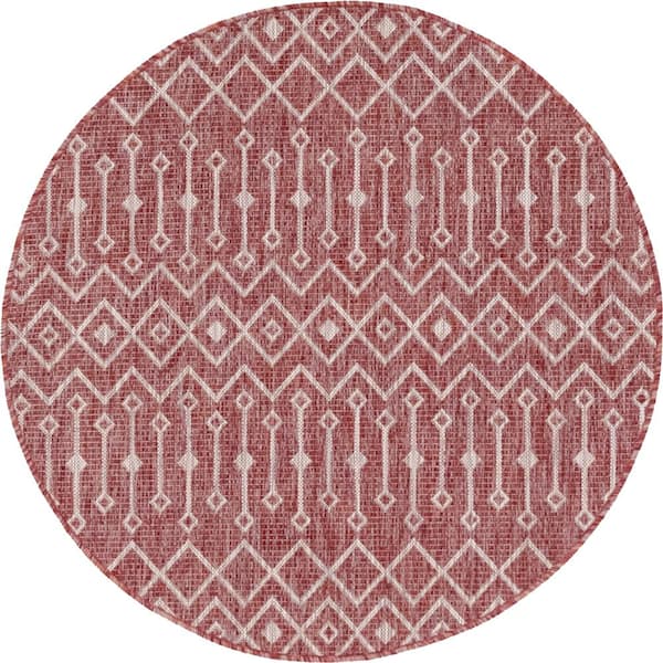Unique Loom Rust Red/Gray Tribal Trellis Outdoor 4 ft. Round Area Rug