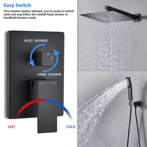 Single Handle 1-Spray 12 in. Square 2024 Rain Shower Head with Hand Shower Faucet in