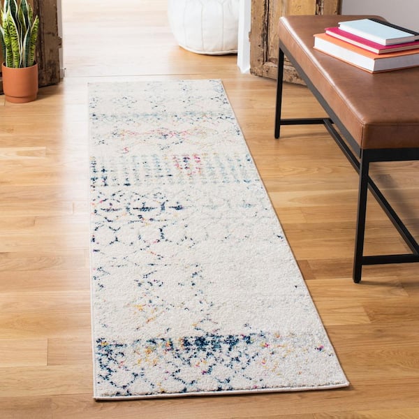 Tulum Ivory/Blue 2 ft. x 9 ft. Moroccan Runner Rug