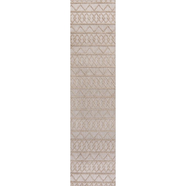 Aylan Beige 2 ft. x 10 ft. High-Low Pile Knotted Trellis Geometric Indoor/Outdoor Runner Rug