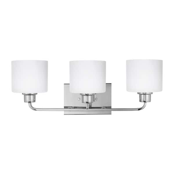 Generation Lighting Canfield 23 in. 3-Light Chrome Minimalist Modern Wall Bathroom Vanity Light with Etched White Glass Shades