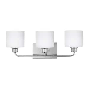Canfield 23 in. 3-Light Chrome Minimalist Modern Wall Bathroom Vanity Light with Etched White Glass Shades and LED Bulbs