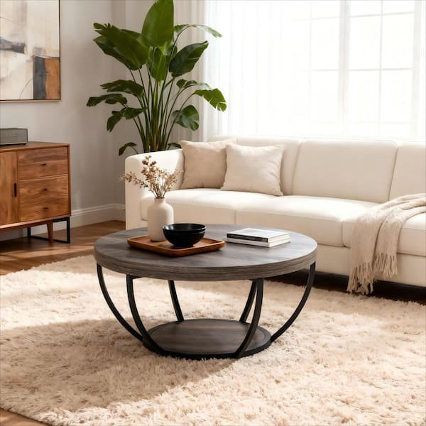 31.7 in. Farmhouse Gray Round Wood Coffee Table with Storage, 2-Tier Small Modern Center Table for Living Room, Office