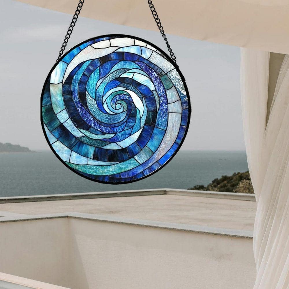 Blue Abstract Swirl Stained Glass Art Glass Window HDFH1ZSRTR