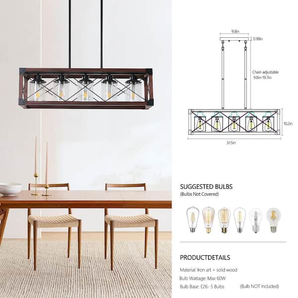 Retro 5-Light Mahogany&Black Rectangular Chandelier with Glass Shade for Kitchen Island with No Bulbs Included
