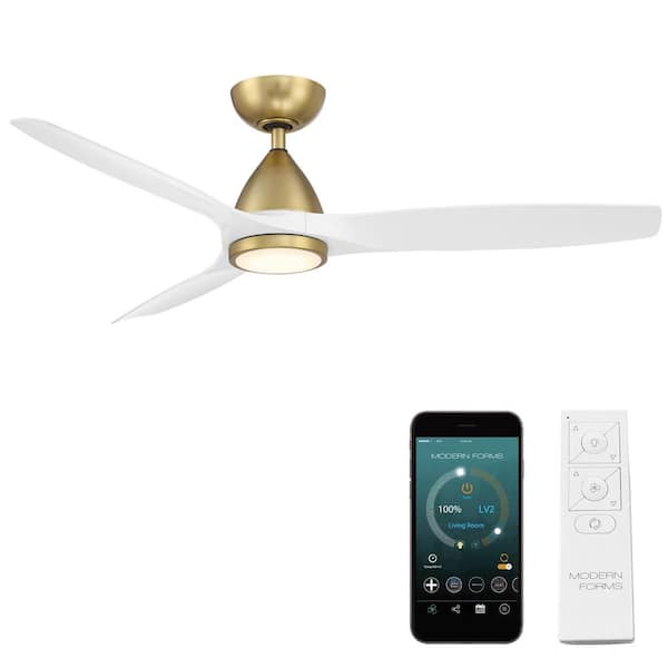 Modern Forms Skylark 54 in. 3-Blade Smart Indoor/Outdoor Ceiling Fan in Soft Brass Matte White 3000K Integrated LED and Remote