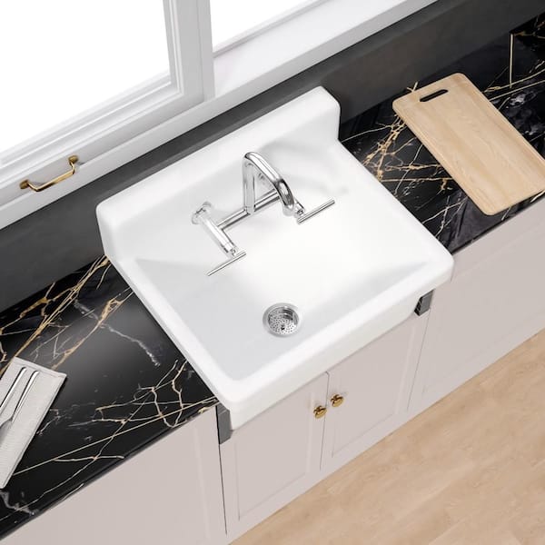 Unbranded Utility Laundry Sink High Back 24 in. L x 20 in. W x 17 in. D Farmhouse Sink Fireclay in White Wall Mount Single Bowl