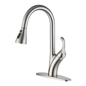 Stainless Steel Single Handle Pull Down Sprayer Kitchen Faucet with 3-Spray Patterns and Deck Plate in Brushed Nickel
