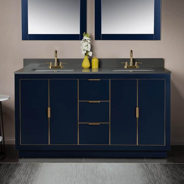 WOODBRIDGE 61 in. W x 22 in. D x 38 in. H Bath Vanity in Navy Blue with Dark Gray Engineered Stone Vanity Top with White Sink