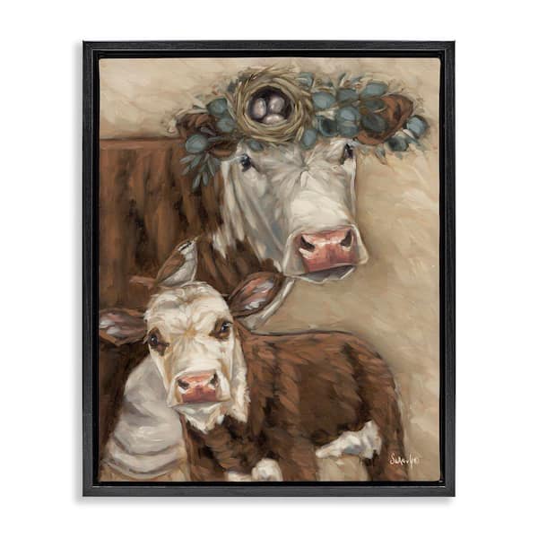 Stupell Industries Cow & Calf with Bird Nest by Sara G. Designs Black Floater Frame Animal Graphic Art Print 21 in. x 17 in.