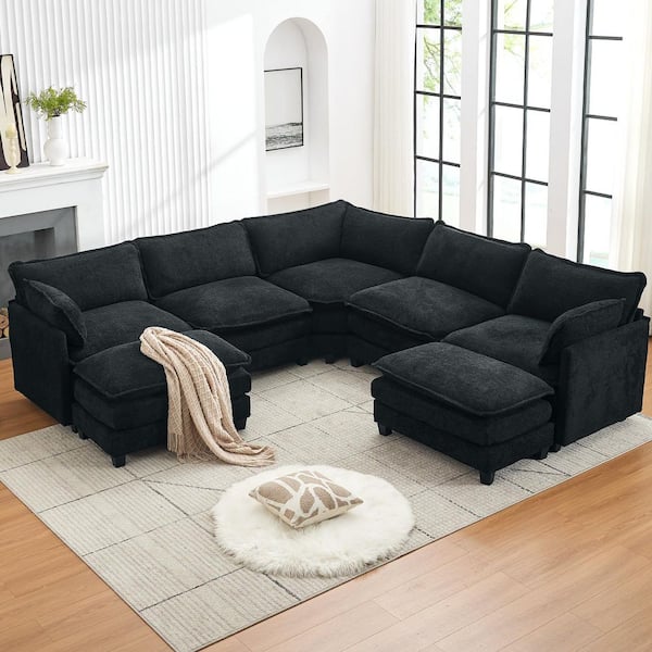 JEAREY 113.4 in. Width Black Chenille Fabric Straight Arm U-Shaped Sectional Sofa Couch with 2-Ottomans