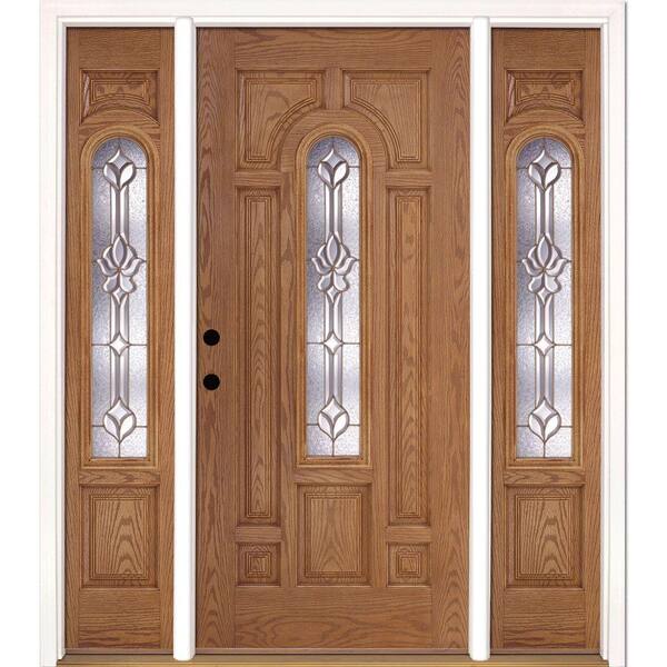 Feather River Doors 63.5 in.x81.625 in. Medina Brass Center Arch Lt Stained Light Oak Right-Hand Fiberglass Prehung Front Door w/Sidelites