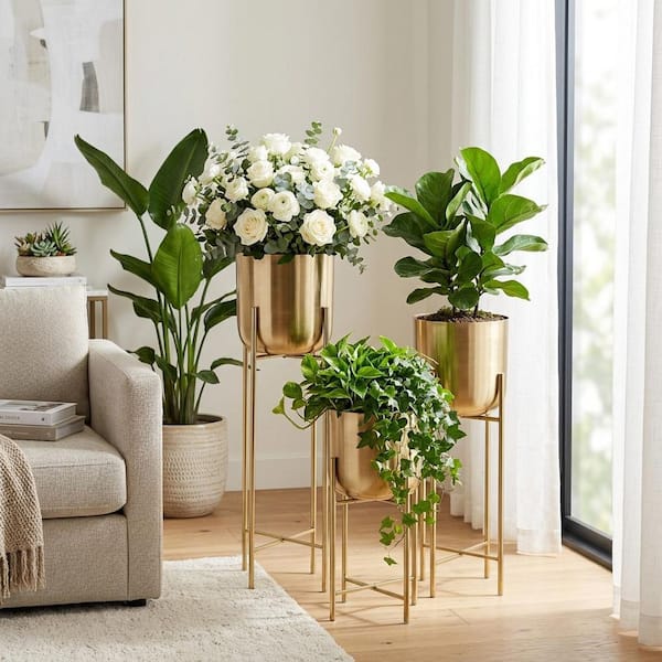 Liv & Skye 11 in. x 40 in. Gold Metal With Stand Planters Decorative Pots (Set of 3) 14630