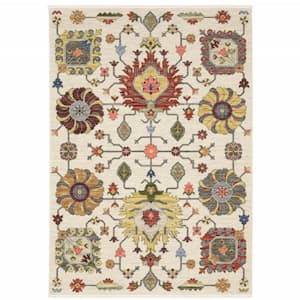 Ivory Yellow Rust Green Grey Pink Orange Blue and Grey 2 ft. x 3 ft. Oriental Power Loom Stain Resistant Fringe Area Rug
