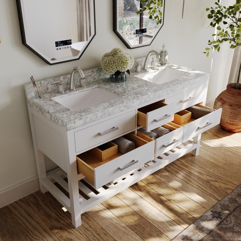 Elizabeth 60" White Wood Bathroom Vanity Set with Marble Top